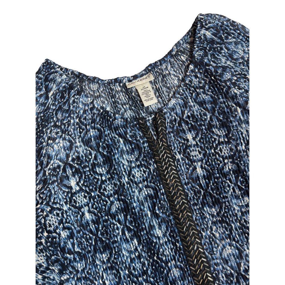 Catherines Womens 2X Pleated Shirred Stretch Tunic Blouse Blue V Neck 3/4 Sleeve